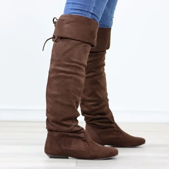 Fold Over Brown Thigh High Over The Knee Flat No Heel Boots Faux Suede Pointed - Picture 4 of 14